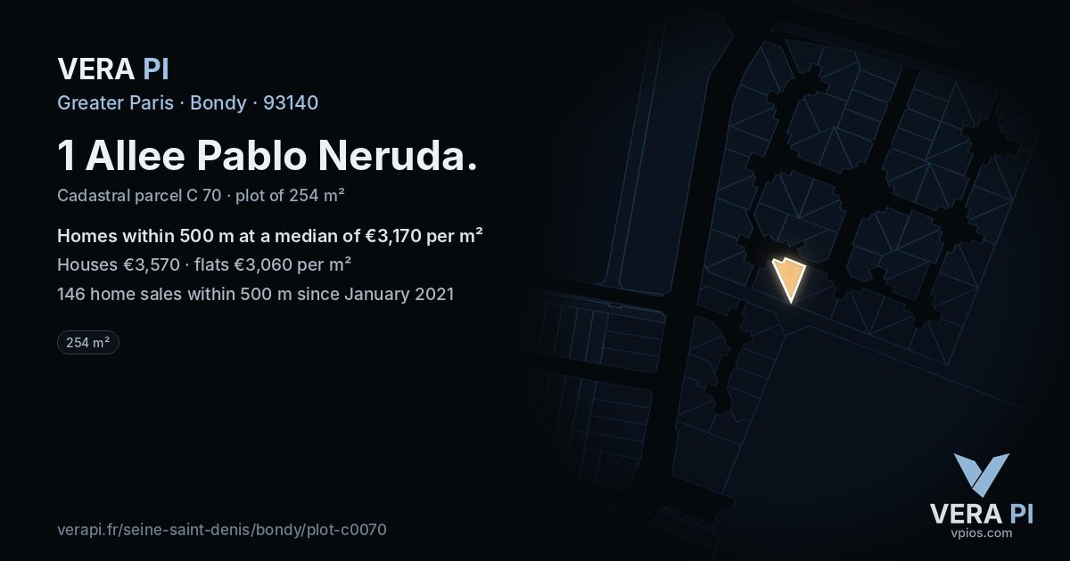 1 Allee Pablo Neruda, Bondy at night – the plot lit, the parcels around coloured by the prices near them