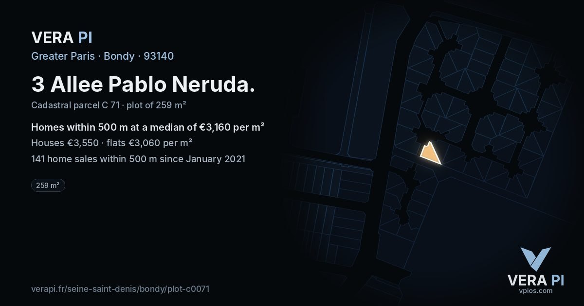 3 Allee Pablo Neruda, Bondy at night – the plot lit, the parcels around coloured by the prices near them