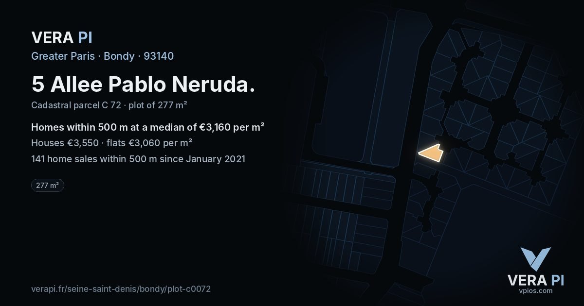 5 Allee Pablo Neruda, Bondy at night – the plot lit, the parcels around coloured by the prices near them