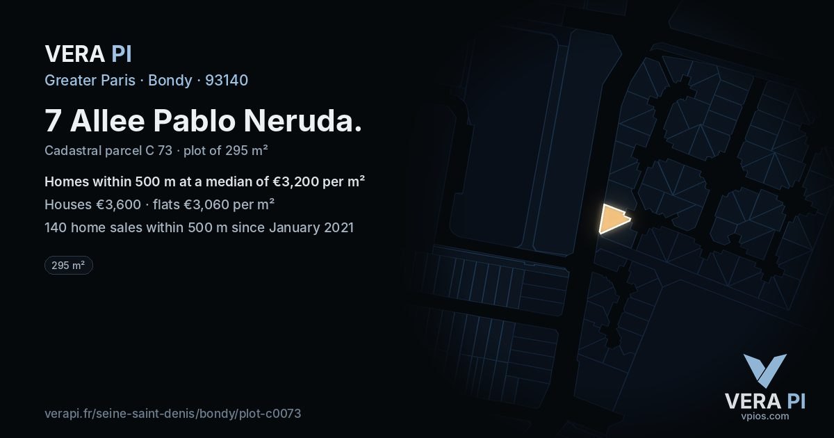 7 Allee Pablo Neruda, Bondy at night – the plot lit, the parcels around coloured by the prices near them