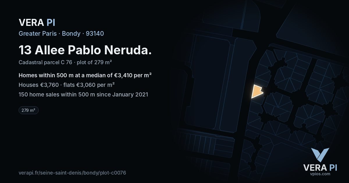 13 Allee Pablo Neruda, Bondy at night – the plot lit, the parcels around coloured by the prices near them