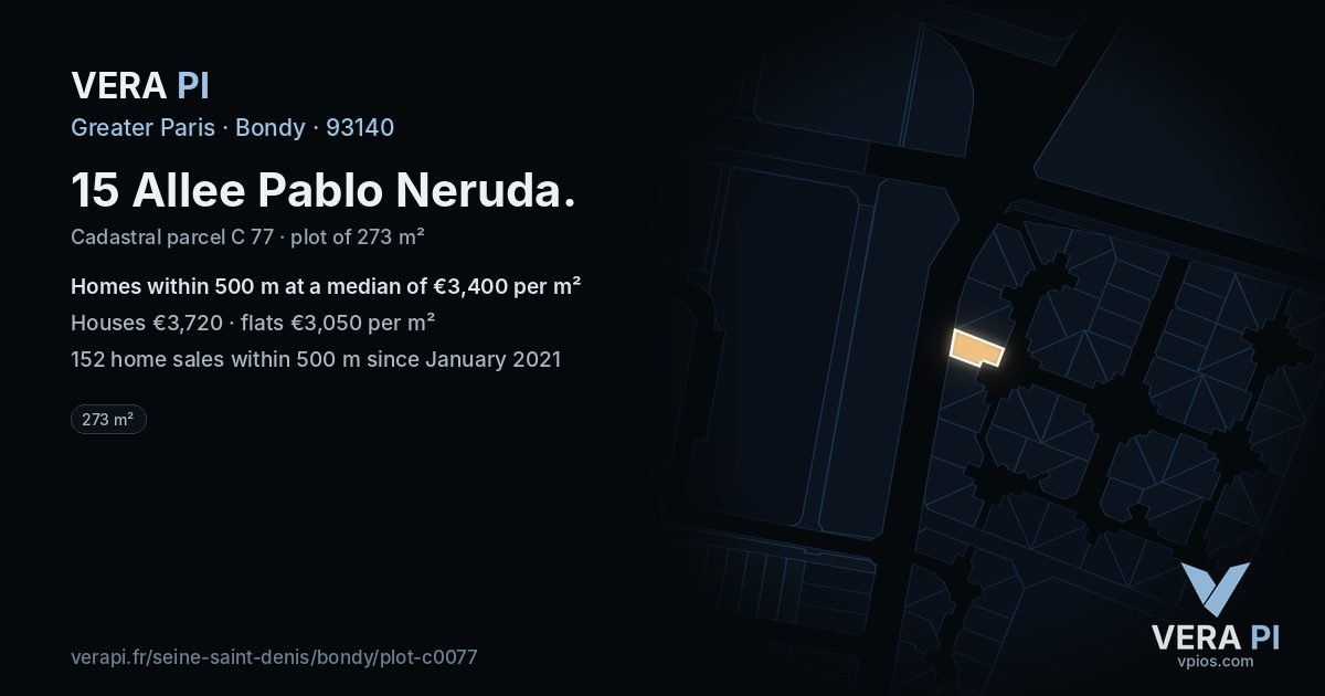 15 Allee Pablo Neruda, Bondy at night – the plot lit, the parcels around coloured by the prices near them