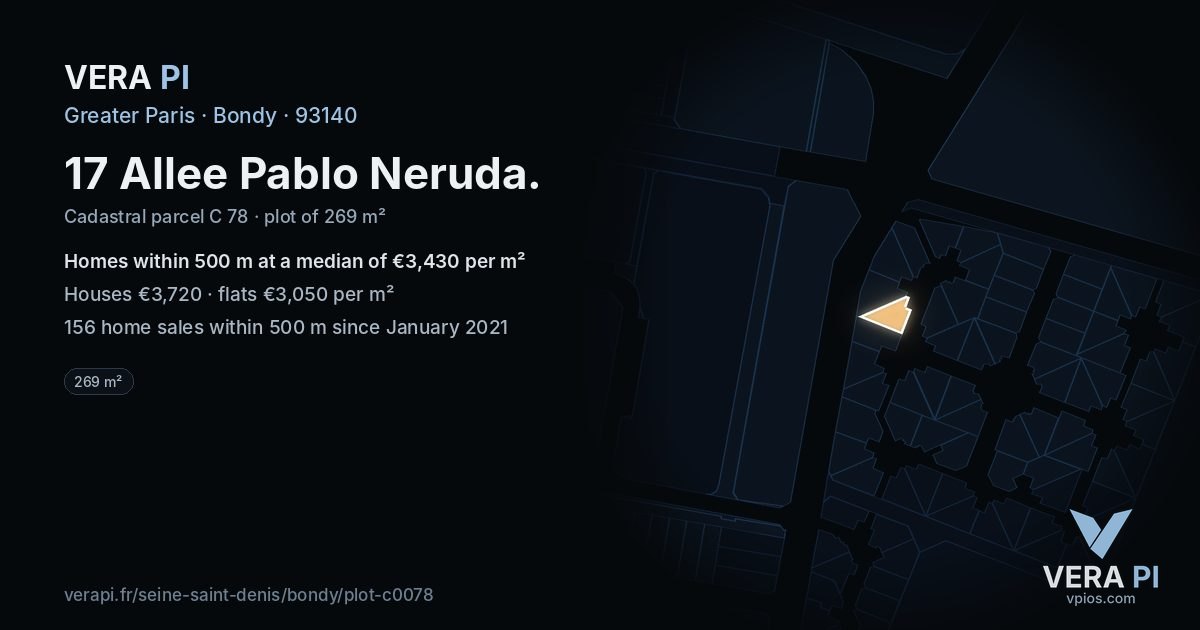 17 Allee Pablo Neruda, Bondy at night – the plot lit, the parcels around coloured by the prices near them