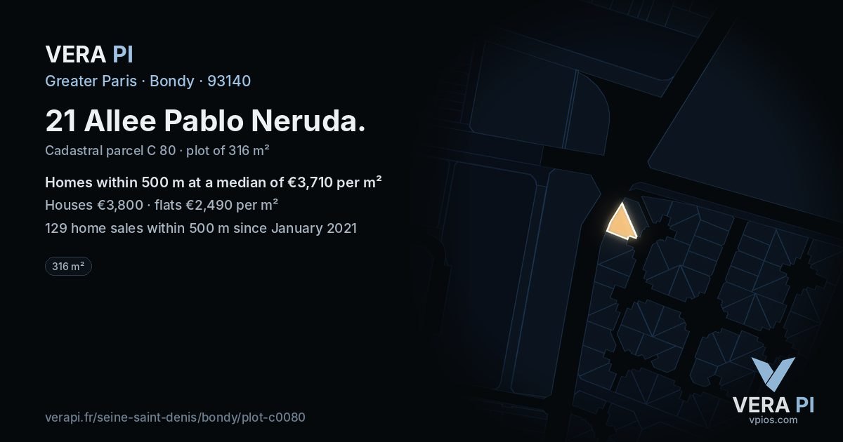 21 Allee Pablo Neruda, Bondy at night – the plot lit, the parcels around coloured by the prices near them