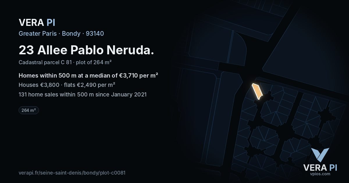 23 Allee Pablo Neruda, Bondy at night – the plot lit, the parcels around coloured by the prices near them