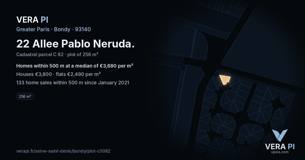 22 Allee Pablo Neruda, Bondy at night – the plot lit, the parcels around coloured by the prices near them