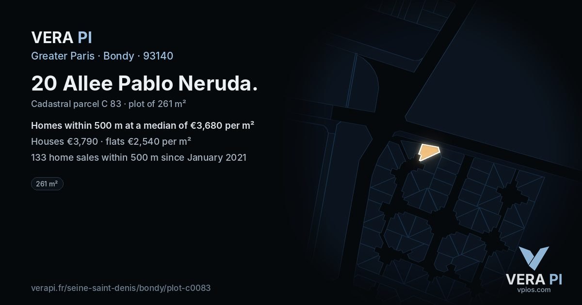 20 Allee Pablo Neruda, Bondy at night – the plot lit, the parcels around coloured by the prices near them