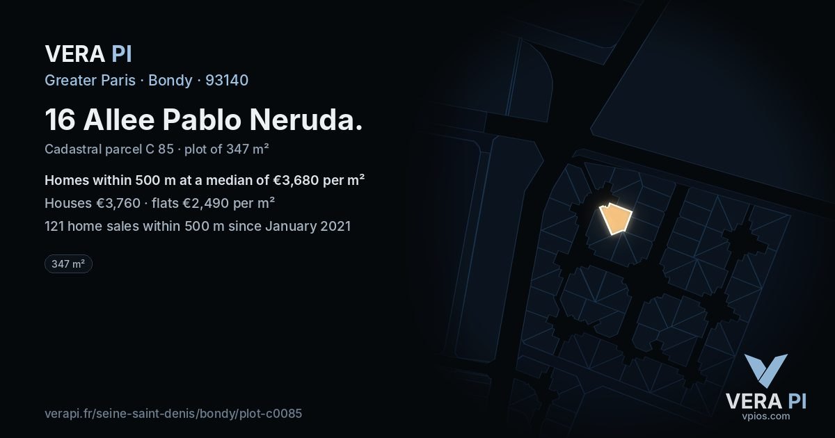 16 Allee Pablo Neruda, Bondy at night – the plot lit, the parcels around coloured by the prices near them