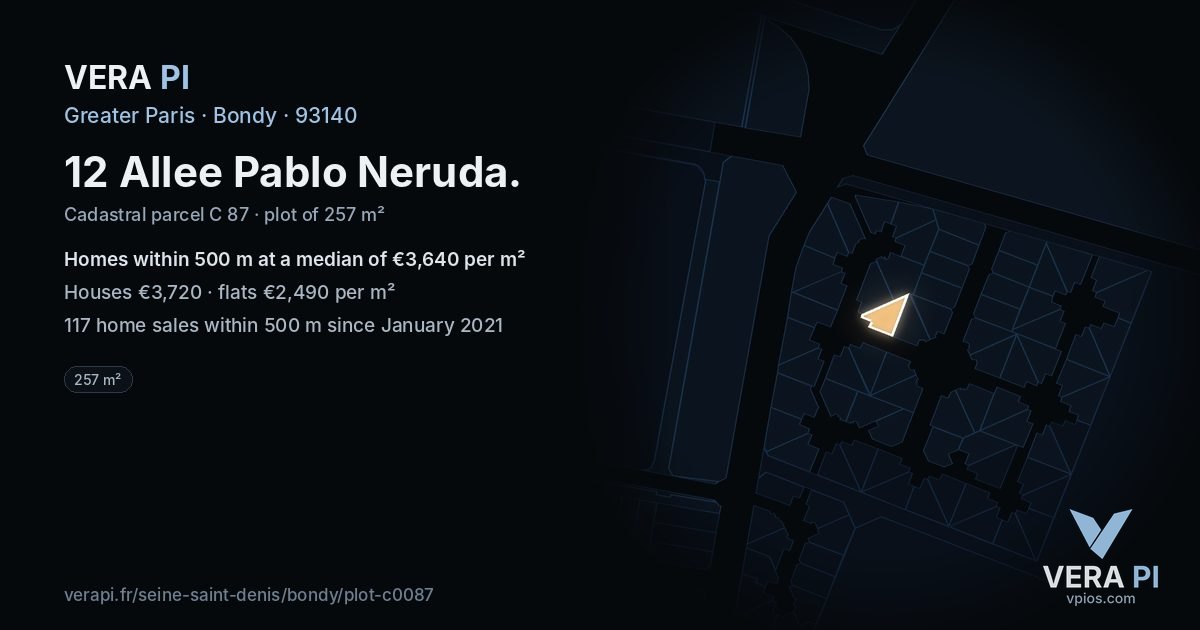 12 Allee Pablo Neruda, Bondy at night – the plot lit, the parcels around coloured by the prices near them