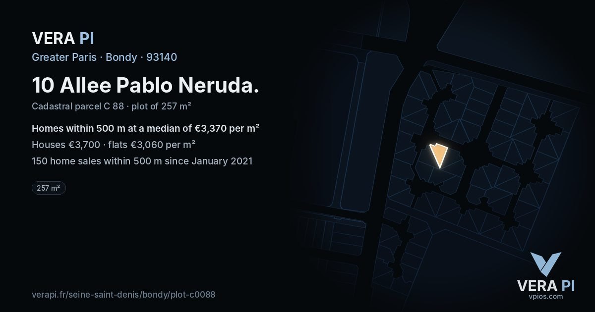 10 Allee Pablo Neruda, Bondy at night – the plot lit, the parcels around coloured by the prices near them
