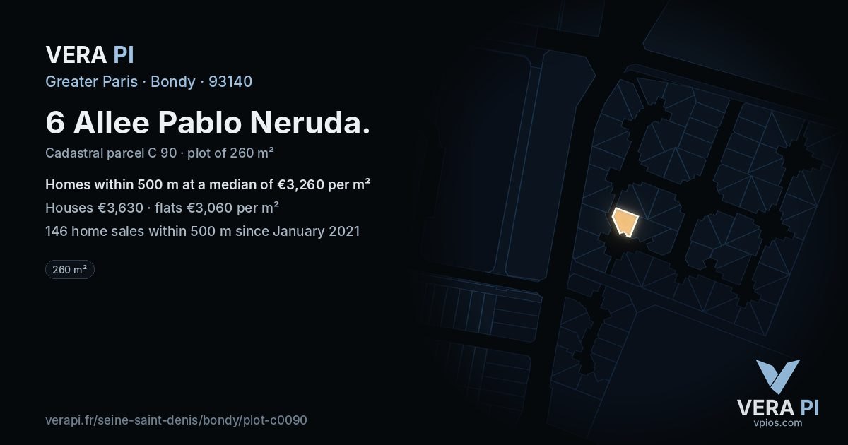 6 Allee Pablo Neruda, Bondy at night – the plot lit, the parcels around coloured by the prices near them