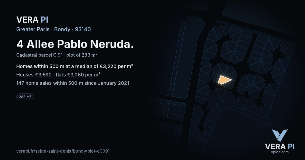 4 Allee Pablo Neruda, Bondy at night – the plot lit, the parcels around coloured by the prices near them