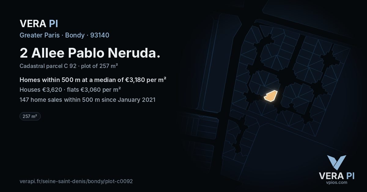 2 Allee Pablo Neruda, Bondy at night – the plot lit, the parcels around coloured by the prices near them