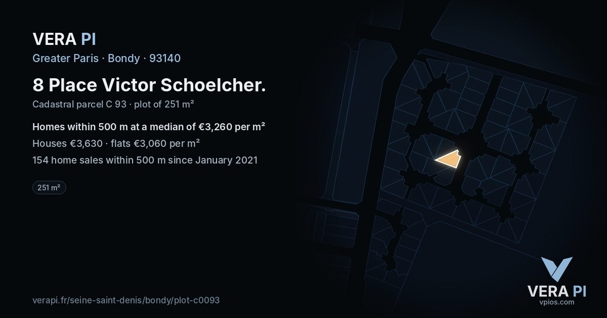 8 Place Victor Schoelcher, Bondy at night – the plot lit, the parcels around coloured by the prices near them