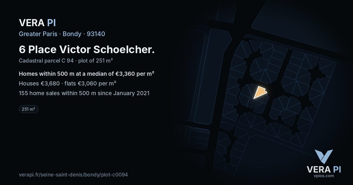 6 Place Victor Schoelcher, Bondy at night – the plot lit, the parcels around coloured by the prices near them