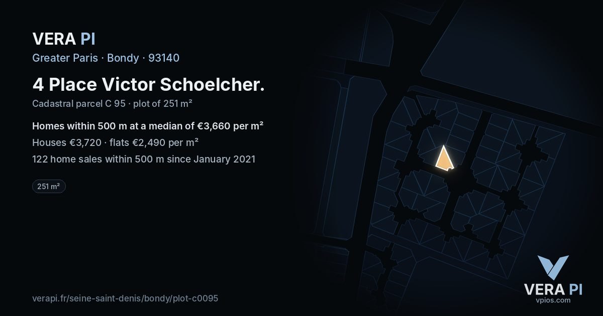 4 Place Victor Schoelcher, Bondy at night – the plot lit, the parcels around coloured by the prices near them