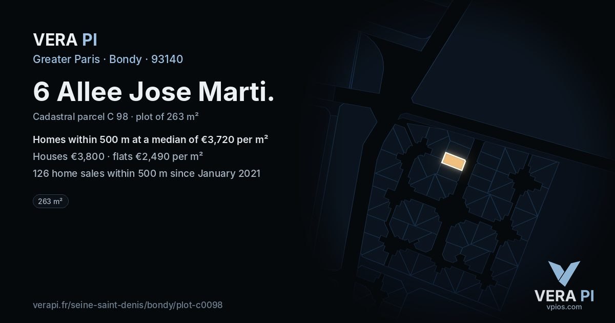 6 Allee Jose Marti, Bondy at night – the plot lit, the parcels around coloured by the prices near them