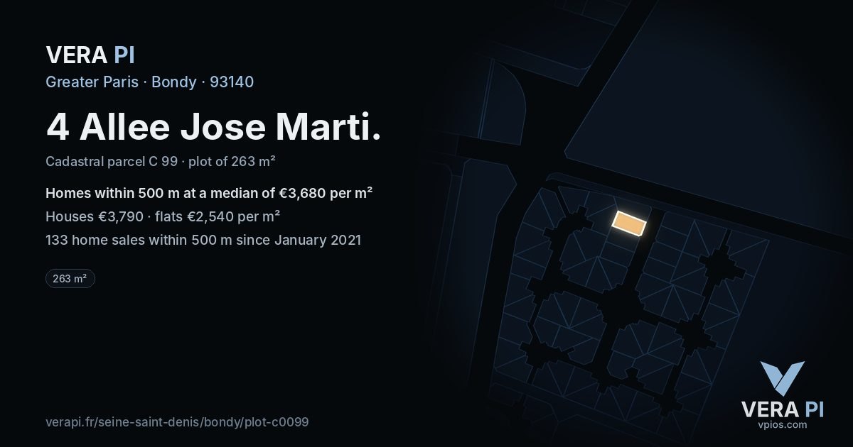 4 Allee Jose Marti, Bondy at night – the plot lit, the parcels around coloured by the prices near them