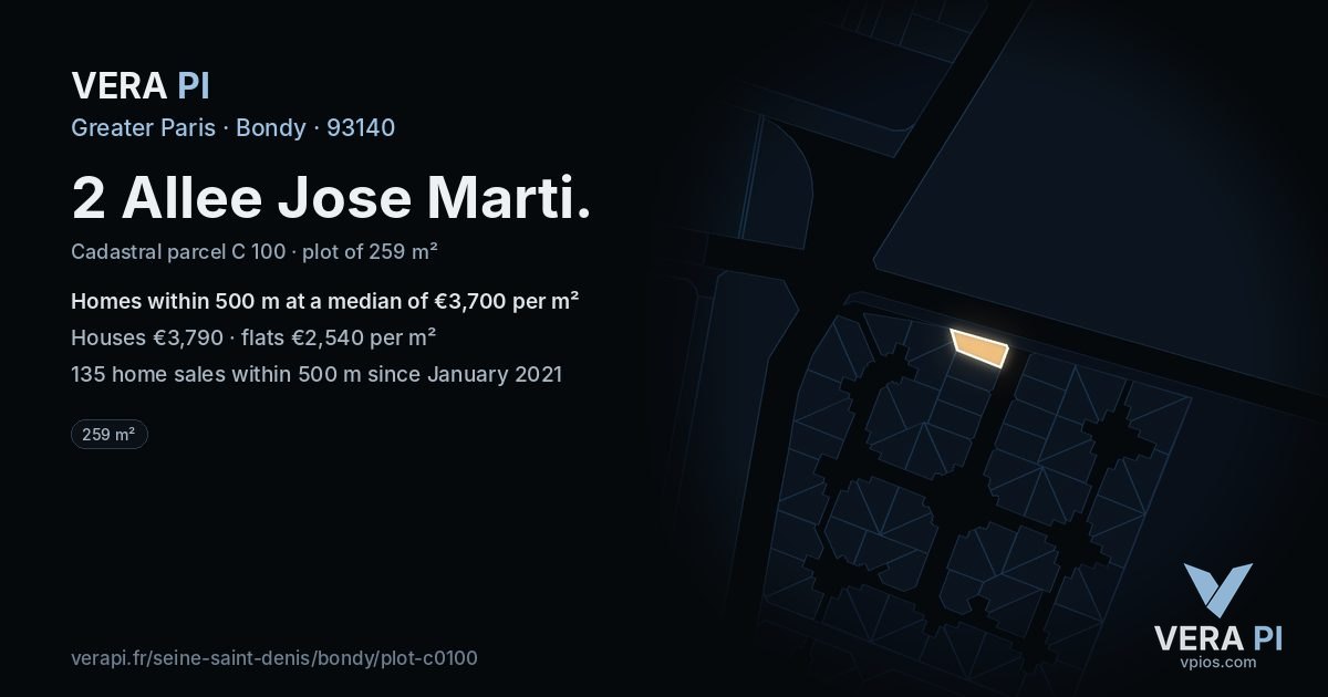 2 Allee Jose Marti, Bondy at night – the plot lit, the parcels around coloured by the prices near them