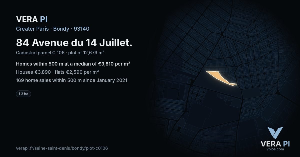 84 Avenue du 14 Juillet, Bondy at night – the plot lit, the parcels around coloured by the prices near them