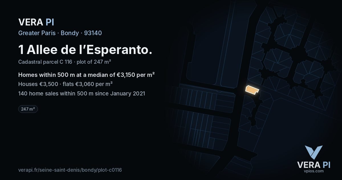 1 Allee de l’Esperanto, Bondy at night – the plot lit, the parcels around coloured by the prices near them