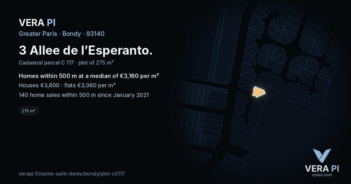 3 Allee de l’Esperanto, Bondy at night – the plot lit, the parcels around coloured by the prices near them