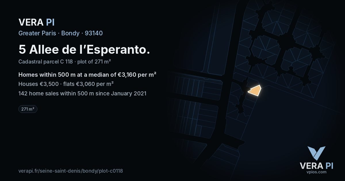 5 Allee de l’Esperanto, Bondy at night – the plot lit, the parcels around coloured by the prices near them