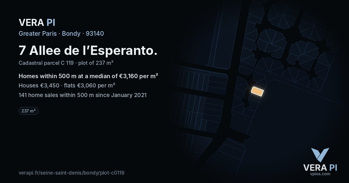 7 Allee de l’Esperanto, Bondy at night – the plot lit, the parcels around coloured by the prices near them