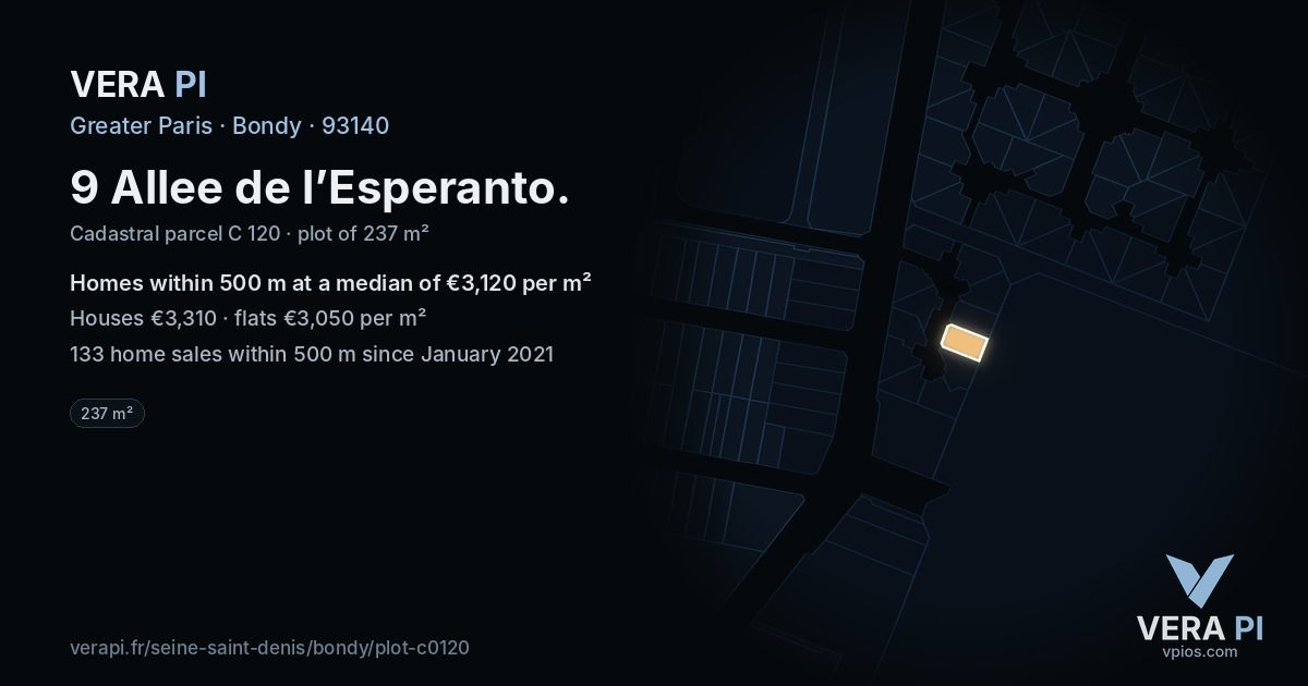 9 Allee de l’Esperanto, Bondy at night – the plot lit, the parcels around coloured by the prices near them