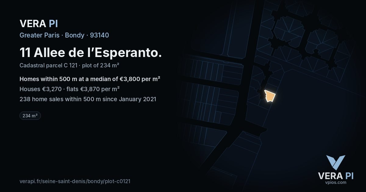 11 Allee de l’Esperanto, Bondy at night – the plot lit, the parcels around coloured by the prices near them