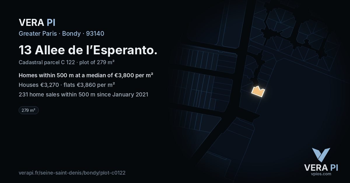 13 Allee de l’Esperanto, Bondy at night – the plot lit, the parcels around coloured by the prices near them