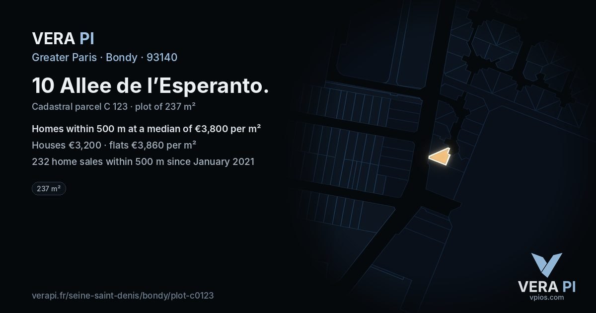 10 Allee de l’Esperanto, Bondy at night – the plot lit, the parcels around coloured by the prices near them