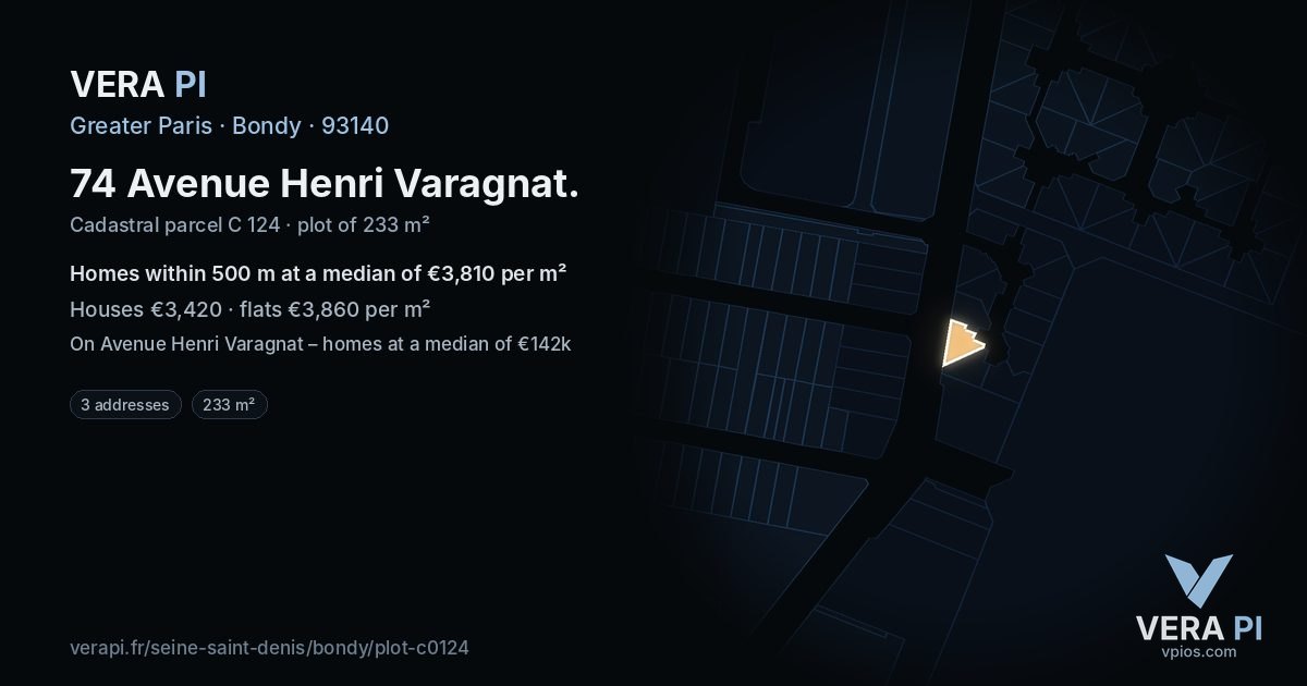 74 Avenue Henri Varagnat, Bondy at night – the plot lit, the parcels around coloured by the prices near them