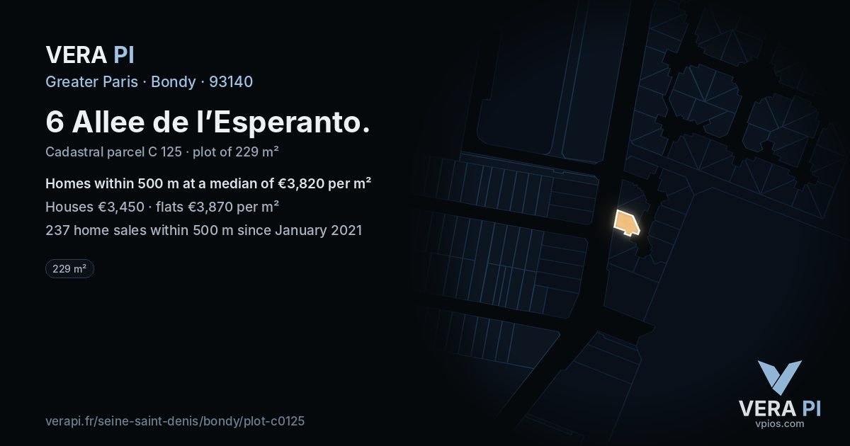 6 Allee de l’Esperanto, Bondy at night – the plot lit, the parcels around coloured by the prices near them