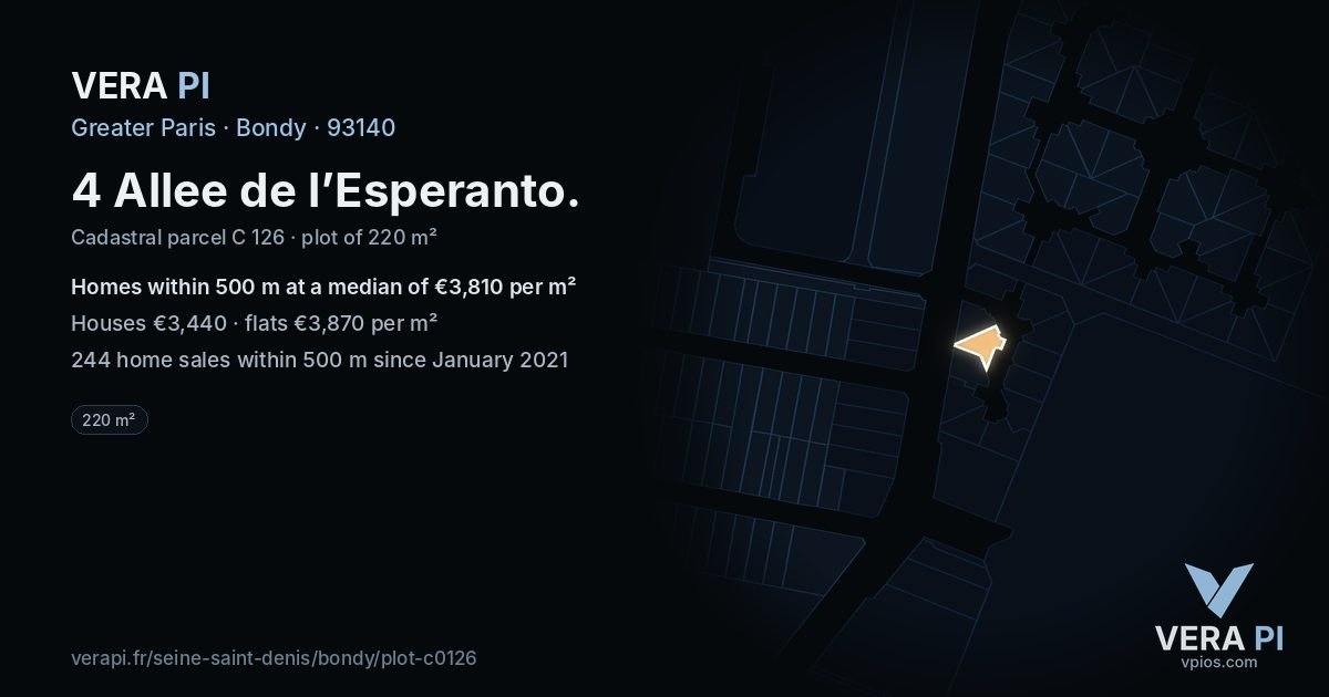 4 Allee de l’Esperanto, Bondy at night – the plot lit, the parcels around coloured by the prices near them