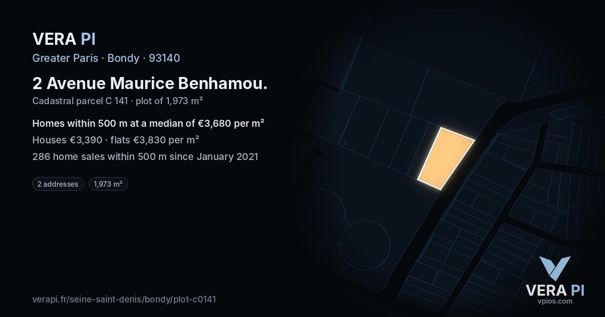 2 Avenue Maurice Benhamou, Bondy at night – the plot lit, the parcels around coloured by the prices near them