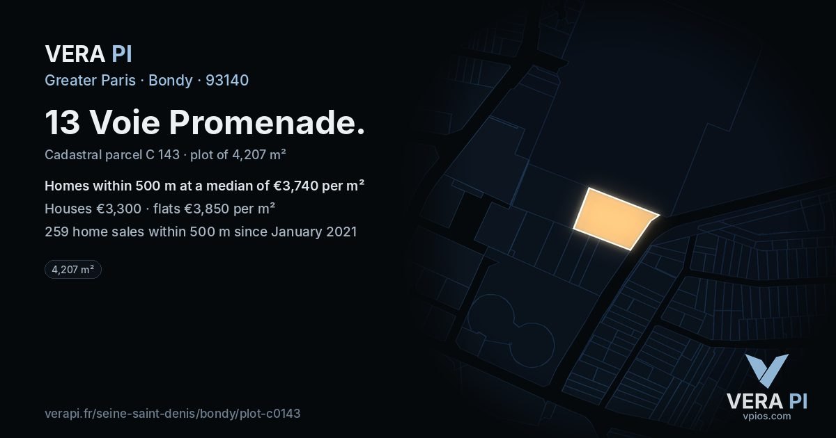 13 Voie Promenade, Bondy at night – the plot lit, the parcels around coloured by the prices near them