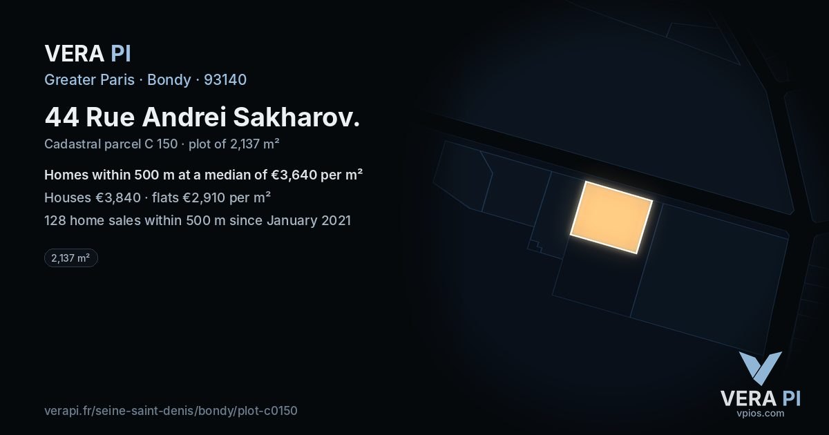 44 Rue Andrei Sakharov, Bondy at night – the plot lit, the parcels around coloured by the prices near them