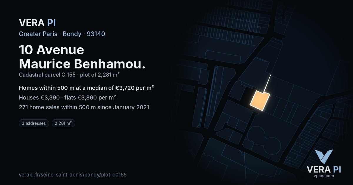 10 Avenue Maurice Benhamou, Bondy at night – the plot lit, the parcels around coloured by the prices near them