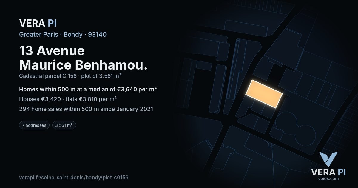 13 Avenue Maurice Benhamou, Bondy at night – the plot lit, the parcels around coloured by the prices near them