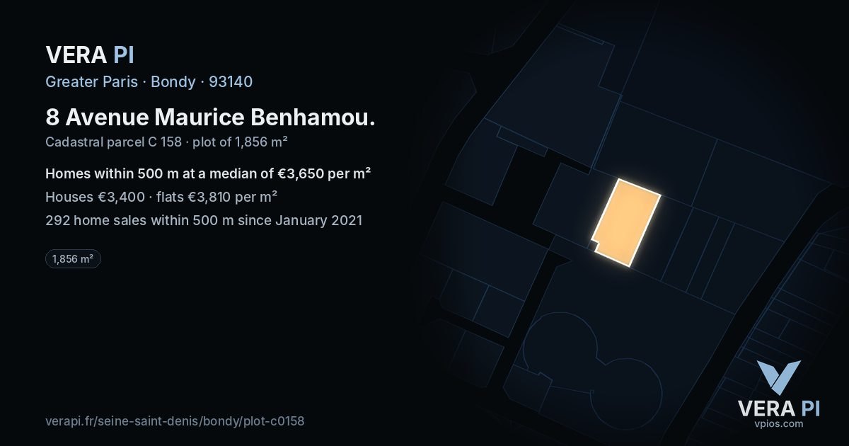 8 Avenue Maurice Benhamou, Bondy at night – the plot lit, the parcels around coloured by the prices near them