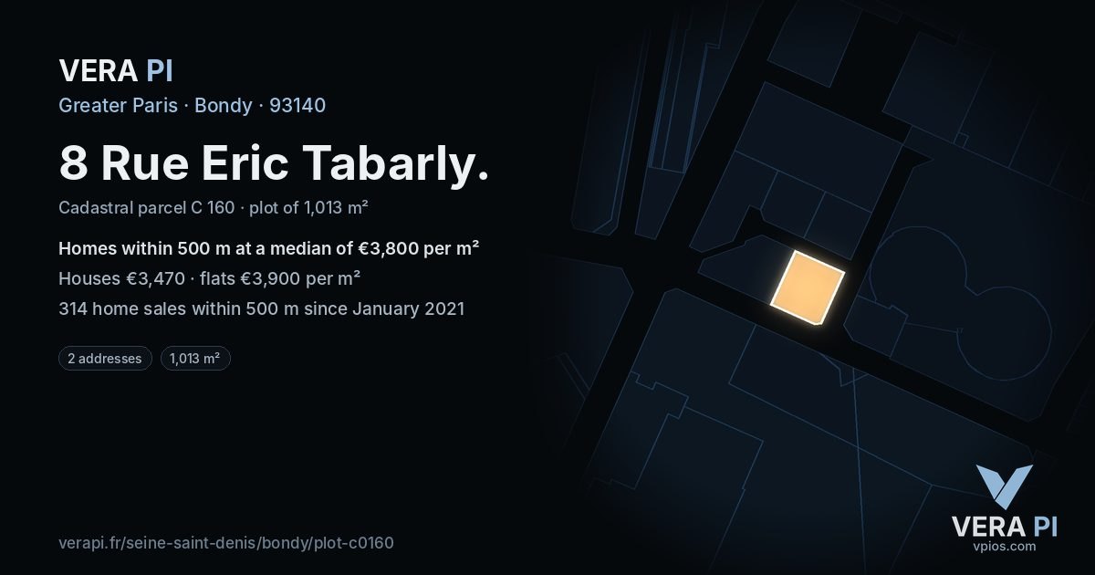 8 Rue Eric Tabarly, Bondy at night – the plot lit, the parcels around coloured by the prices near them