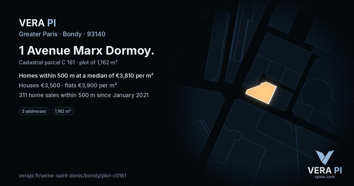 1 Avenue Marx Dormoy, Bondy at night – the plot lit, the parcels around coloured by the prices near them