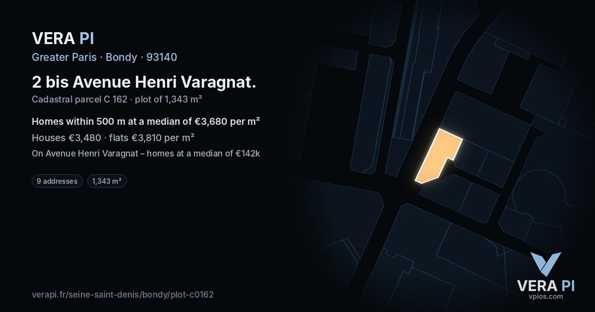2 bis Avenue Henri Varagnat, Bondy at night – the plot lit, the parcels around coloured by the prices near them