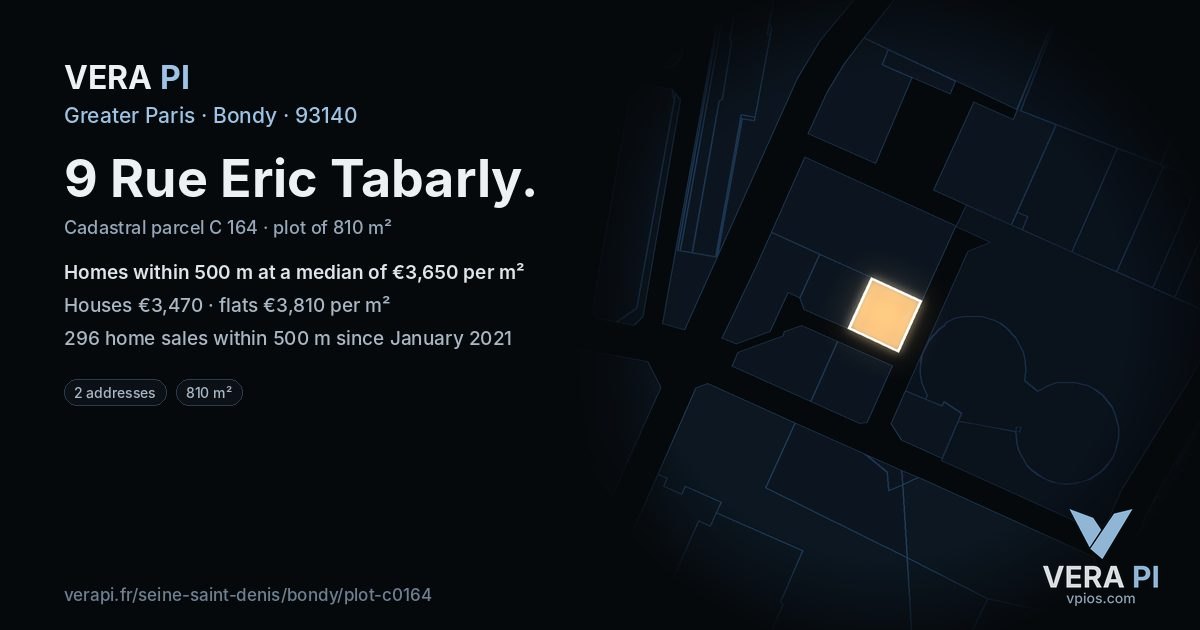 9 Rue Eric Tabarly, Bondy at night – the plot lit, the parcels around coloured by the prices near them
