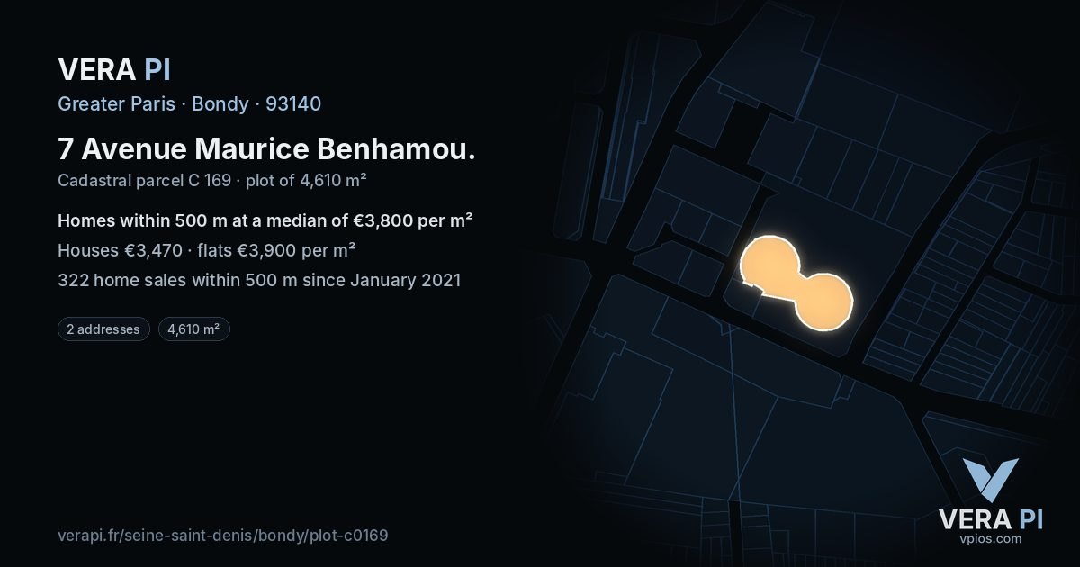 7 Avenue Maurice Benhamou, Bondy at night – the plot lit, the parcels around coloured by the prices near them