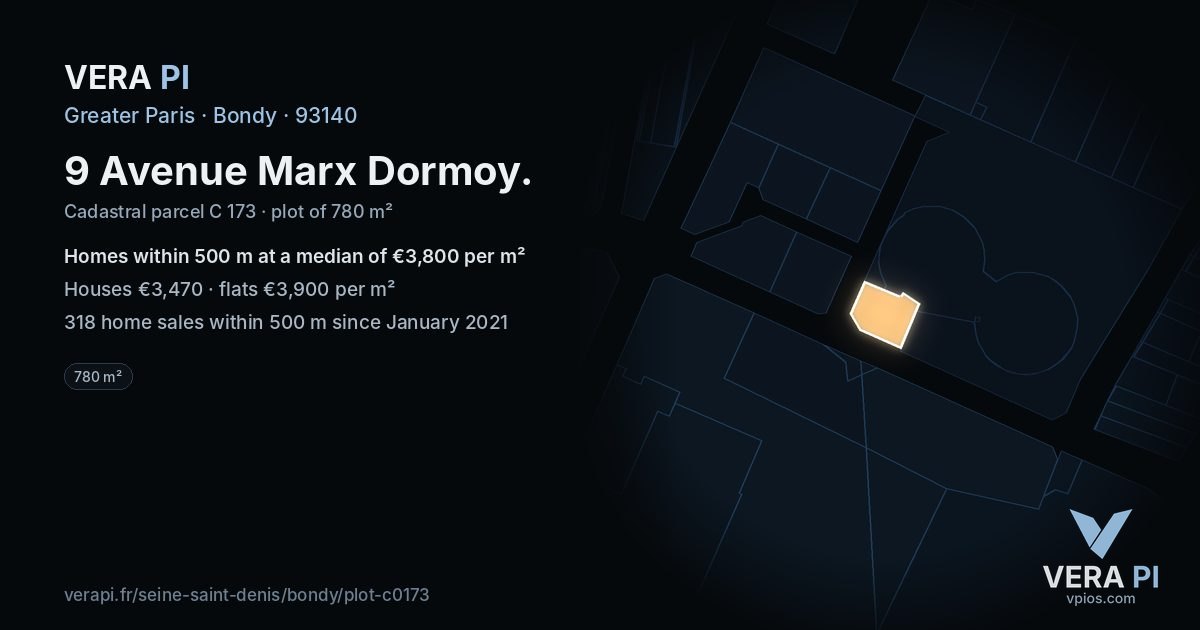 9 Avenue Marx Dormoy, Bondy at night – the plot lit, the parcels around coloured by the prices near them