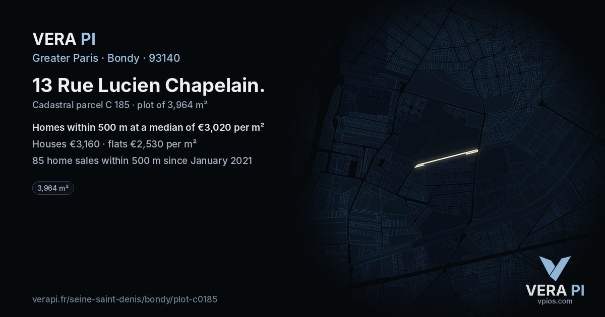 13 Rue Lucien Chapelain, Bondy at night – the plot lit, the parcels around coloured by the prices near them