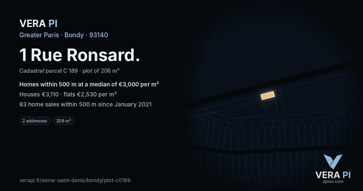 1 Rue Ronsard, Bondy at night – the plot lit, the parcels around coloured by the prices near them