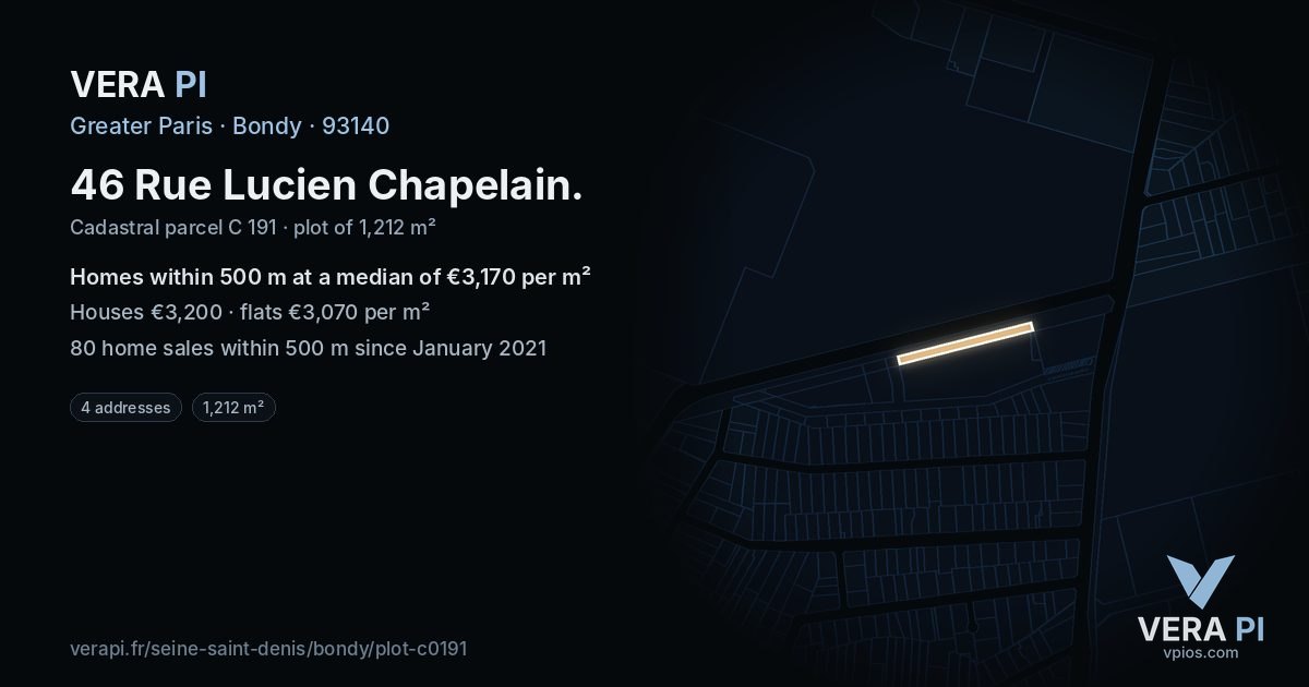 46 Rue Lucien Chapelain, Bondy at night – the plot lit, the parcels around coloured by the prices near them